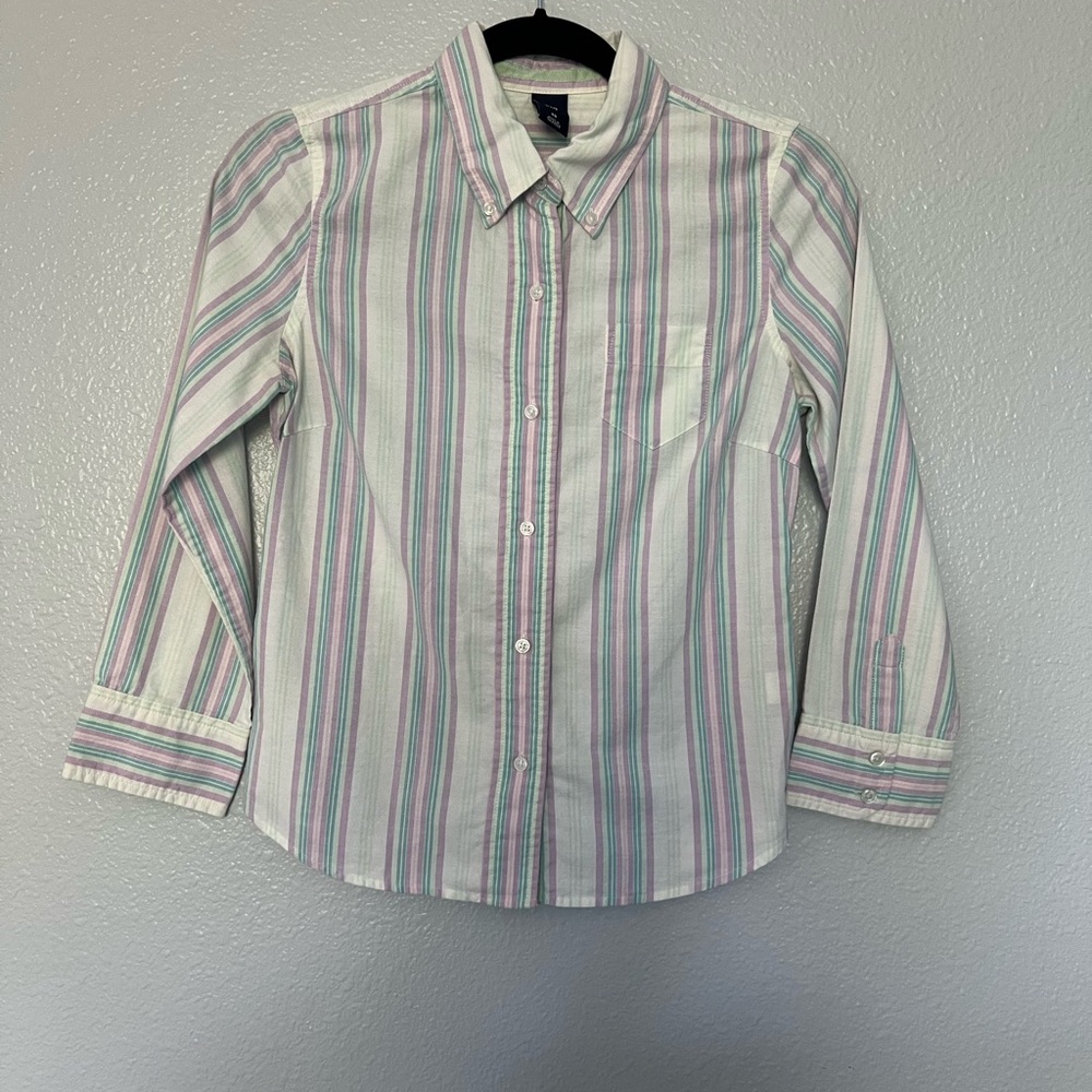 GAP Button Down Shirt - Pink, Green, and White Stripes